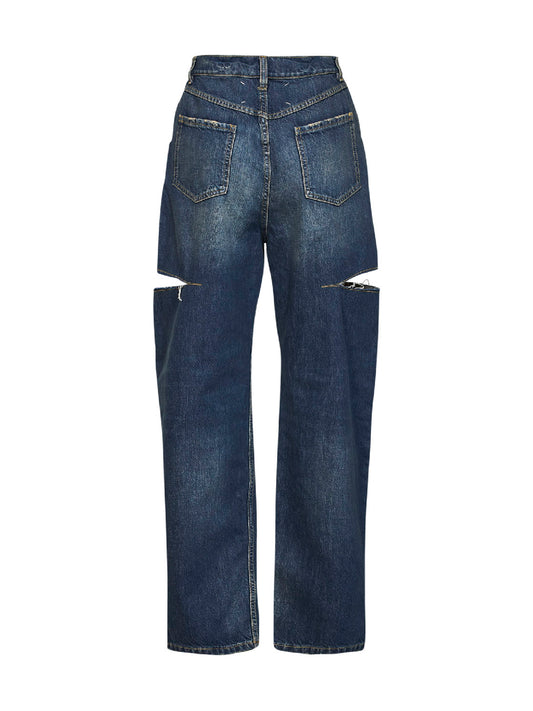 Washed indigo denim slash details jeans