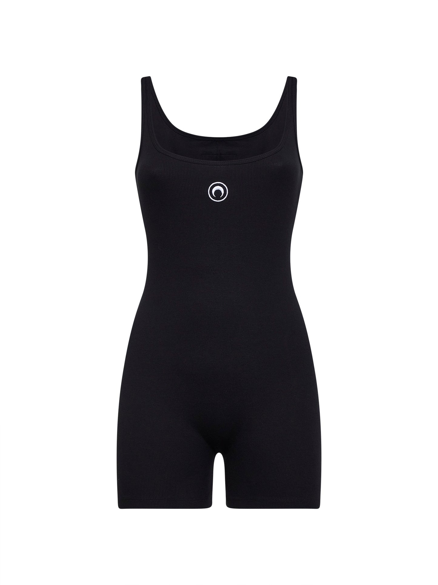 Black ribbed jersey Moon Logo short catsuit