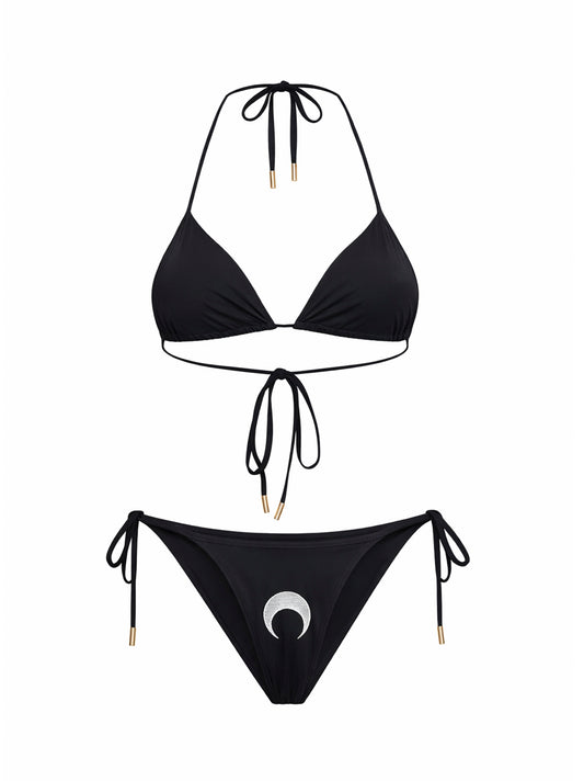 Black stretch jersey bikini with Moon embroidery