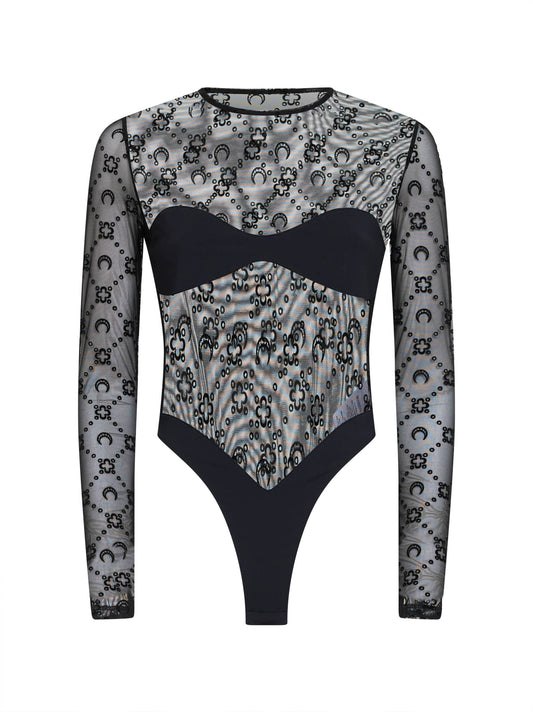 Black flocked Monogram mesh bodysuit