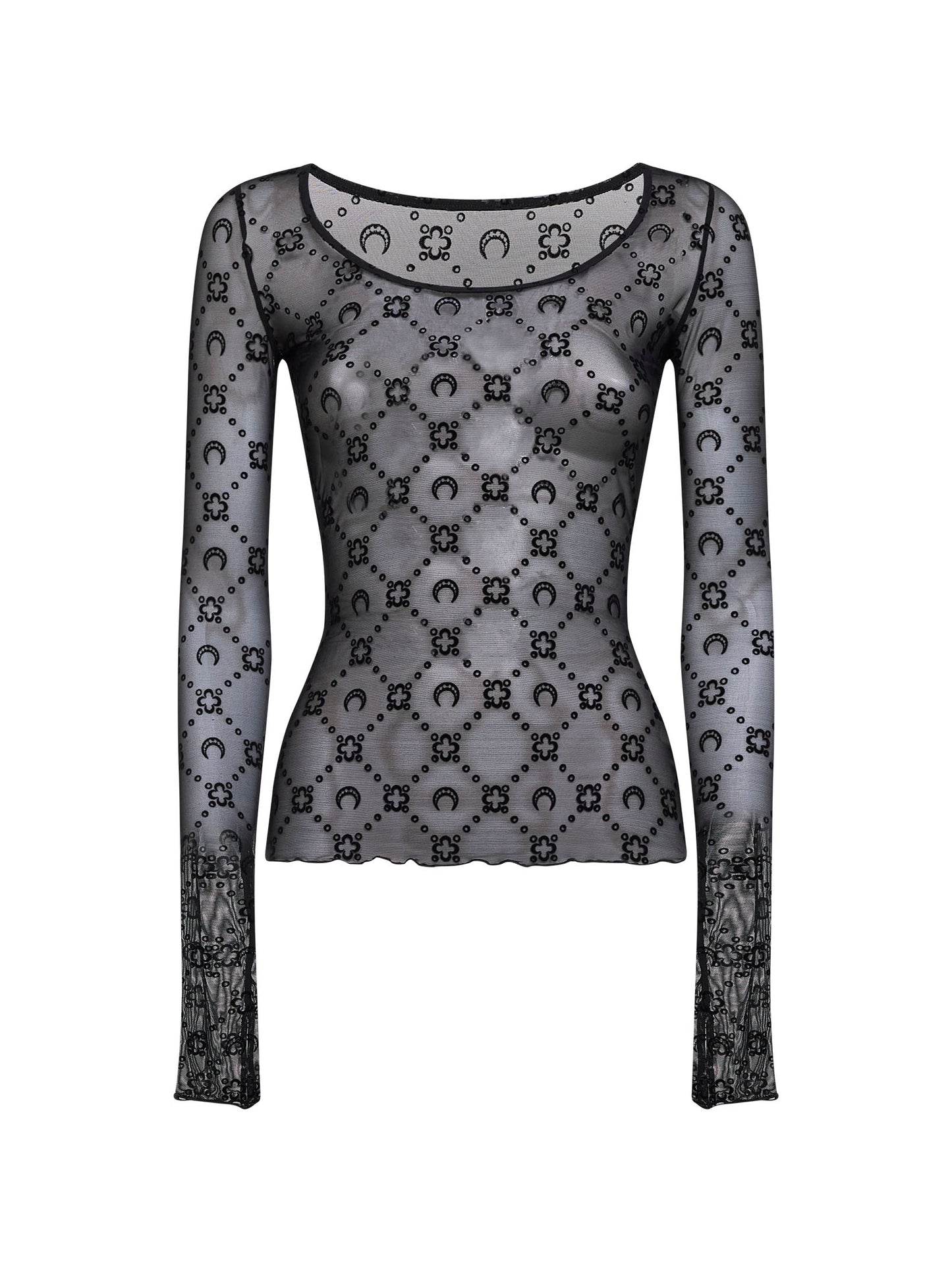 Black monogram mesh long-sleeved top