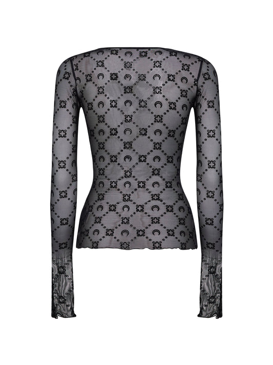 Top a maniche lunghe in mesh monogramma nero