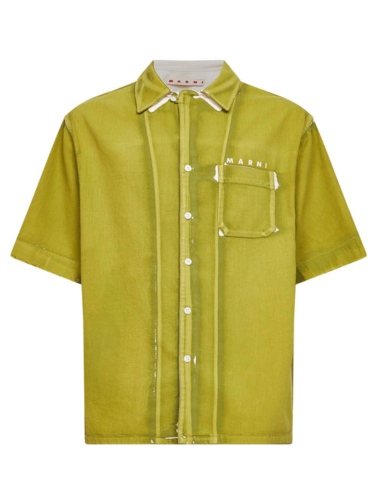 Camicia in denim verde con dettagli stampati