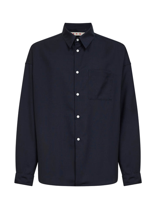 Camicia a maniche lunghe in fresco lana blu scuro