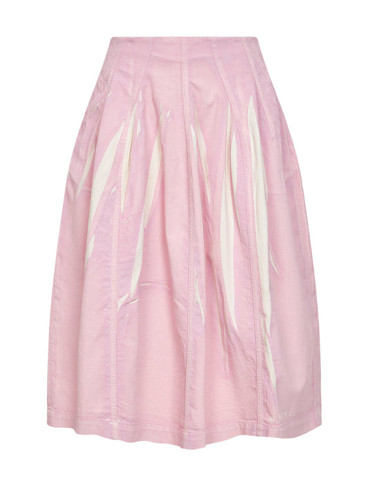 Pink screen-printed denim flared midi skirt