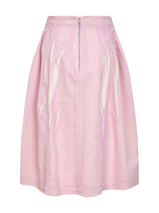 Pink screen-printed denim flared midi skirt