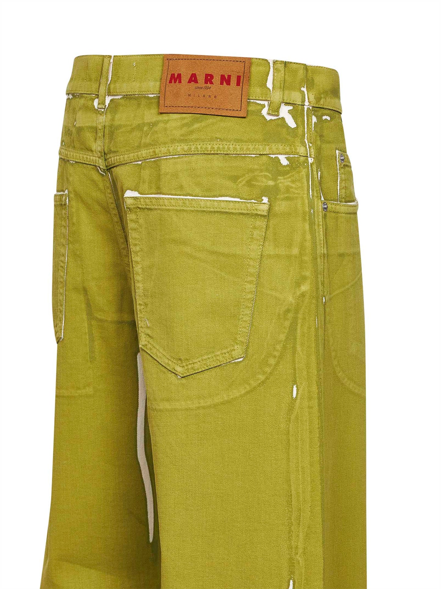 Jeans ampi in denim verde con dettagli stampati