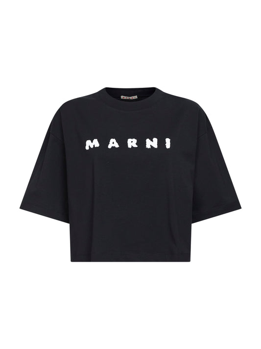 T-shirt crop in jersey nero con logo Marni Scribbled