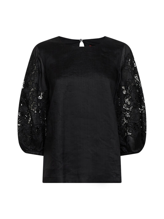 Black washed ramie gauze and broderie anglaise MSTORDINE T-shirt