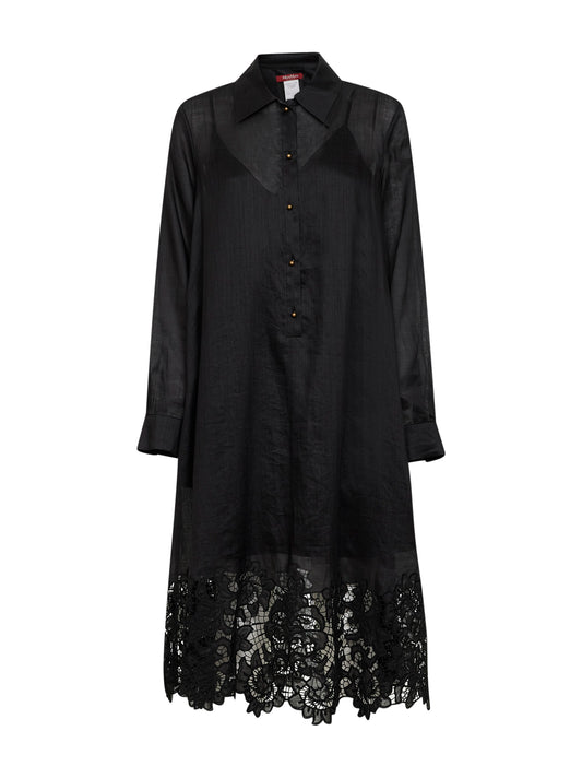 Black embroidered ramie gauze MSTMELA midi shirt dress