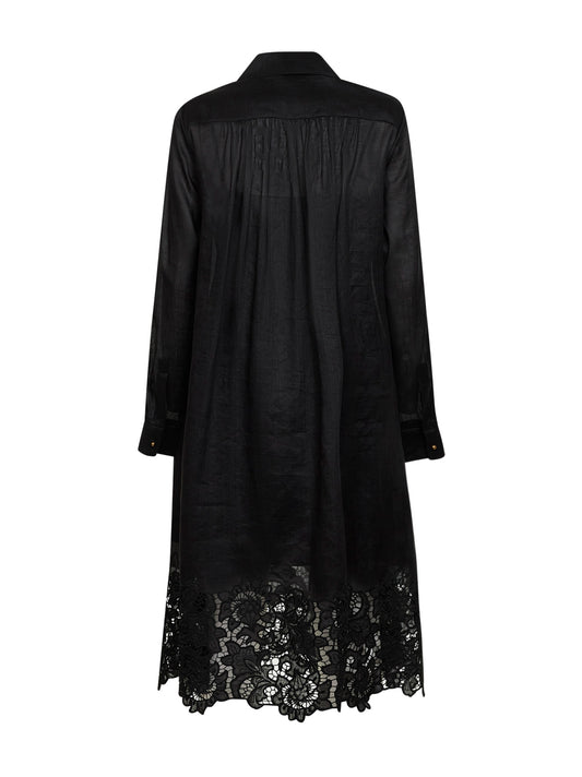 Black embroidered ramie gauze MSTMELA midi shirt dress