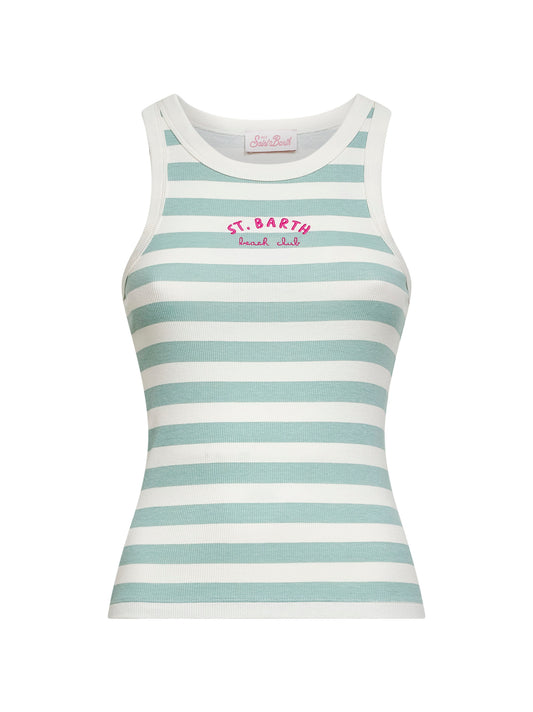Canotta Ada in cotone a costine a righe verde salvia e bianco