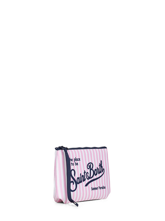 Pink and white Aline mini striped-print clutch bag
