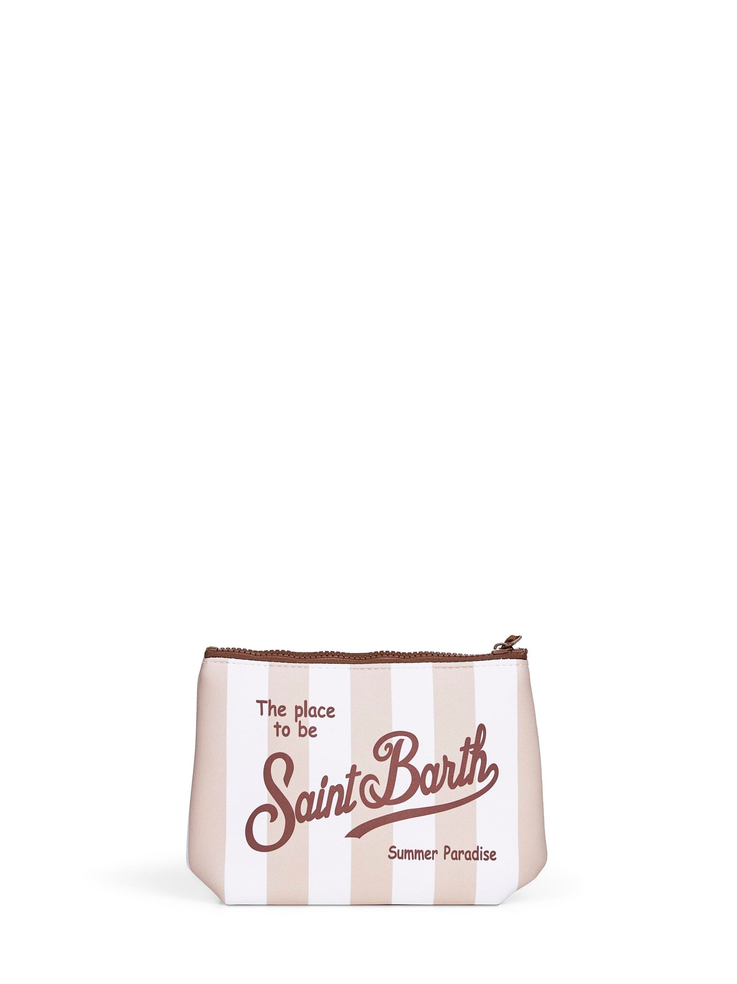Beige and white Aline wide striped-print clutch bag