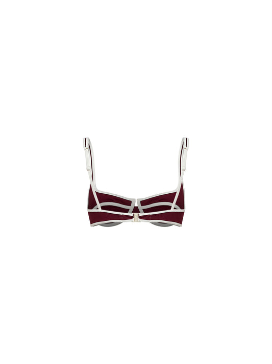 Top bikini balconette Amira String in lycra bordeaux con profili bianchi