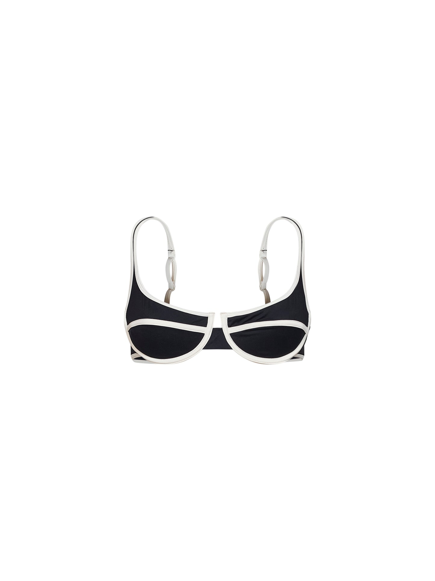 Black lycra Amira String balconette bikini top with white trims