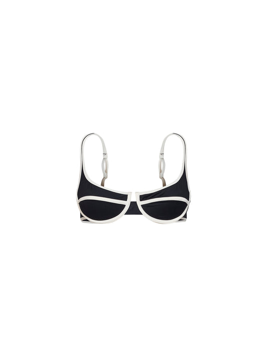Top bikini balconette Amira String in lycra nera con profili bianchi