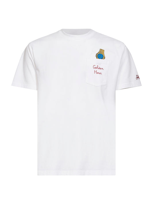 T-shirt Austin in cotone bianco con stampa orologio