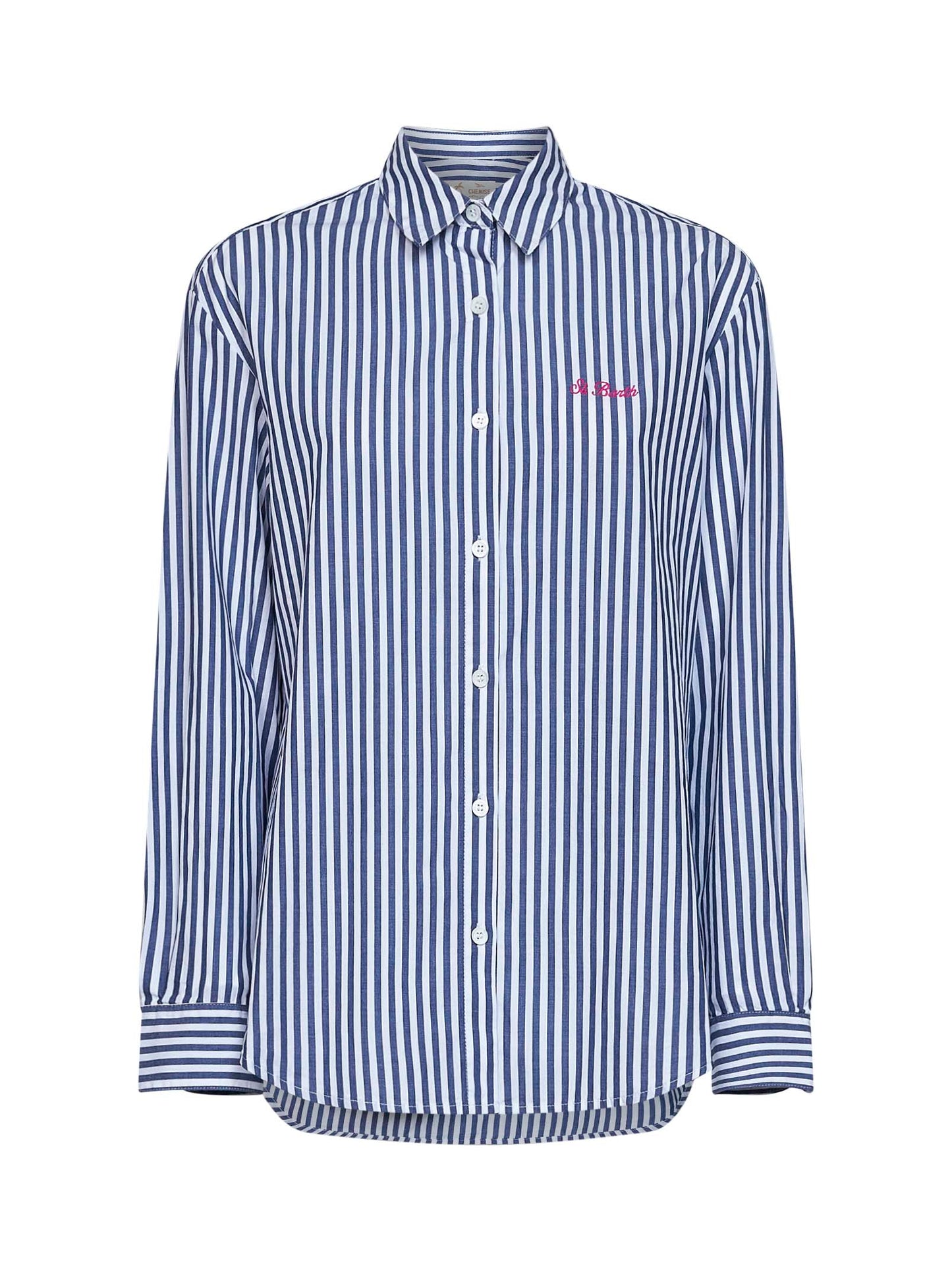 Camicia Brigitte in cotone a righe blu e bianco con ricamo e stampa