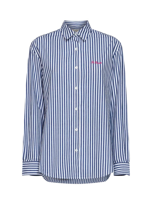 Camicia Brigitte in cotone a righe blu e bianco con ricamo e stampa