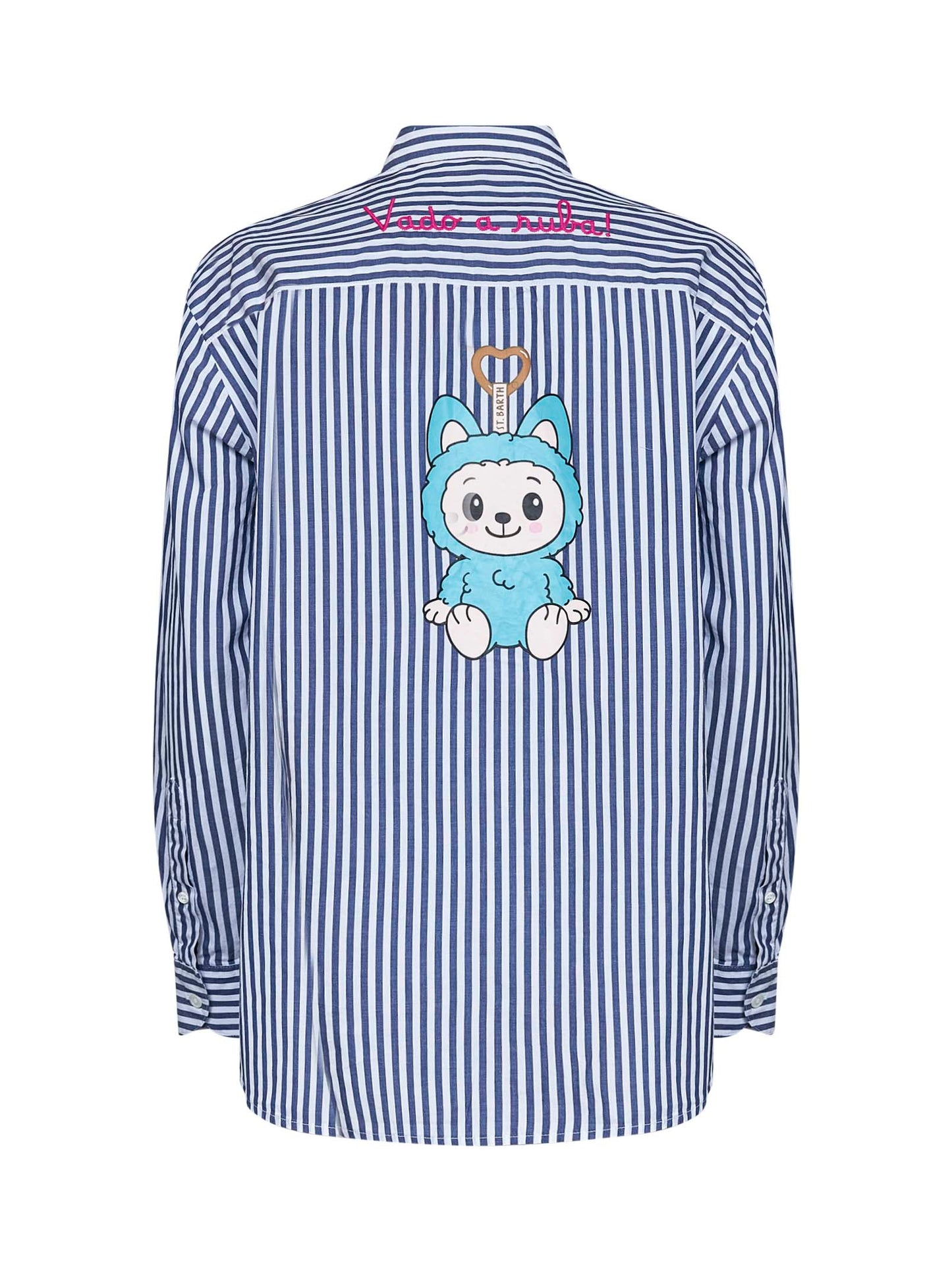 Camicia Brigitte in cotone a righe blu e bianco con ricamo e stampa