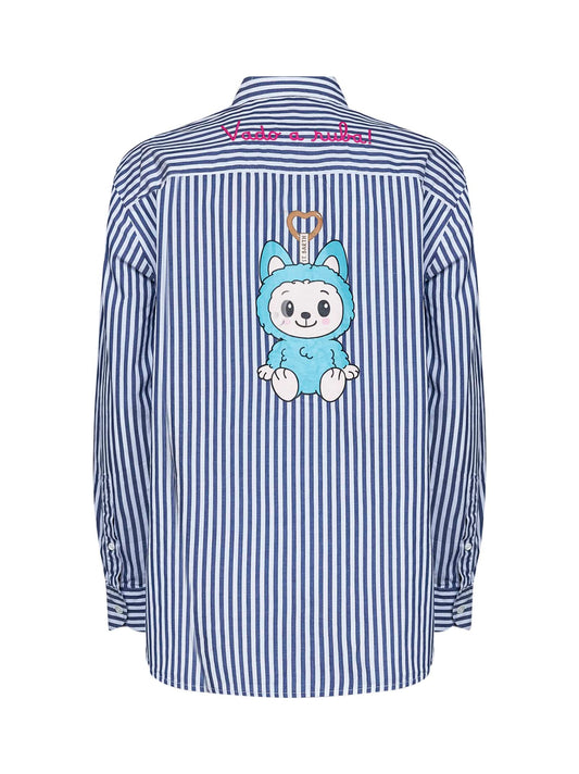 Camicia Brigitte in cotone a righe blu e bianco con ricamo e stampa