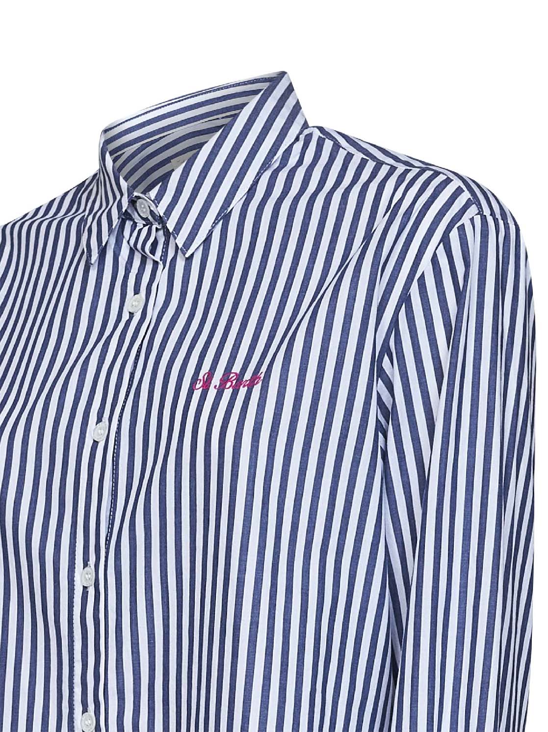 Camicia Brigitte in cotone a righe blu e bianco con ricamo e stampa