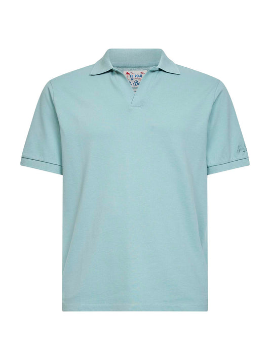 Polo senza bottoni Charles in piquet di cotone stretch verde salvia