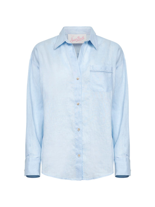 Camicia Crystal in lino azzurro con ricami
