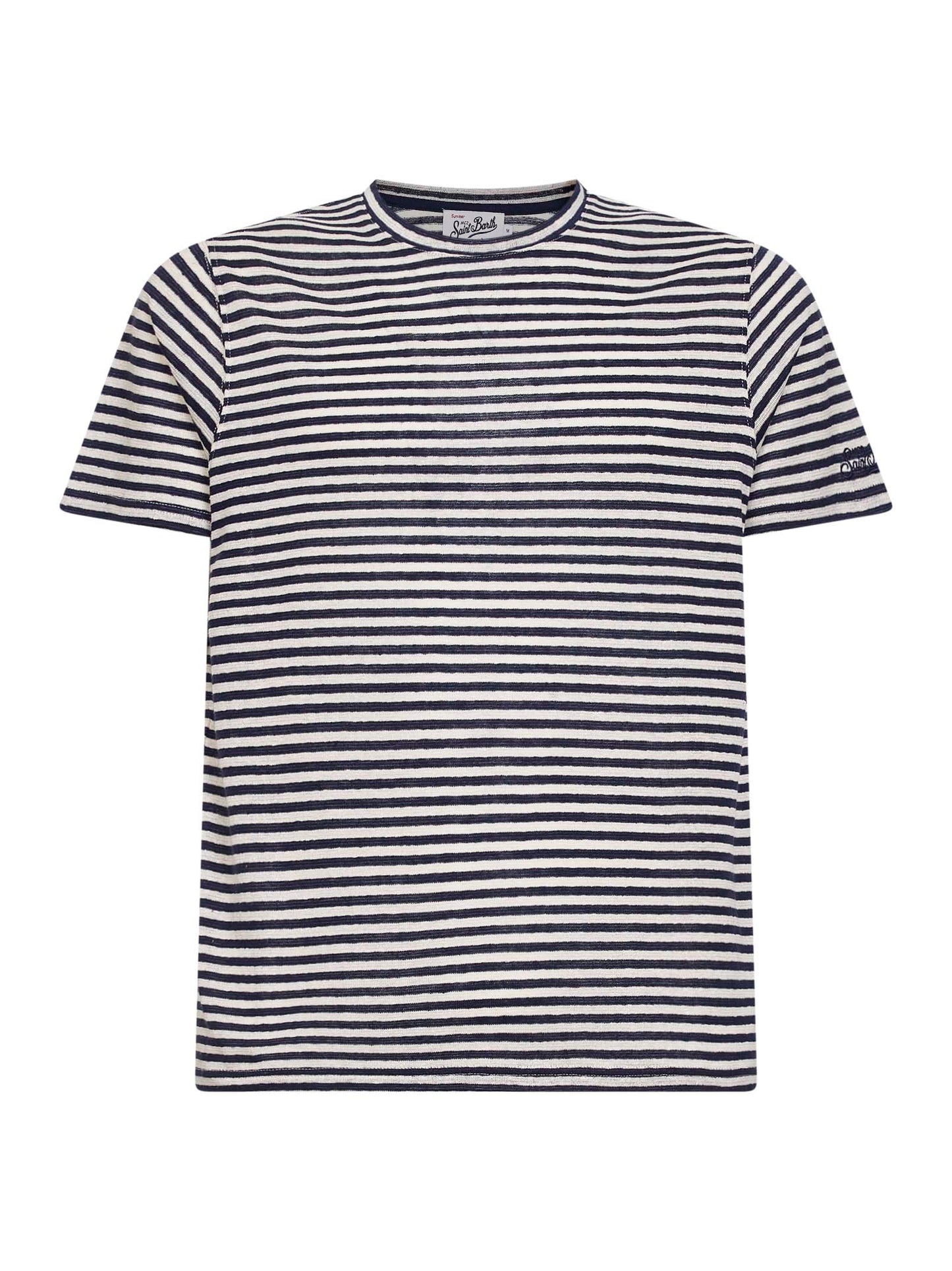T-shirt Dover in misto lino a righe blu e panna con ricamo logo