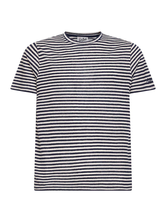 Blue and cream striped linen blend logo embroidered Dover T-shirt