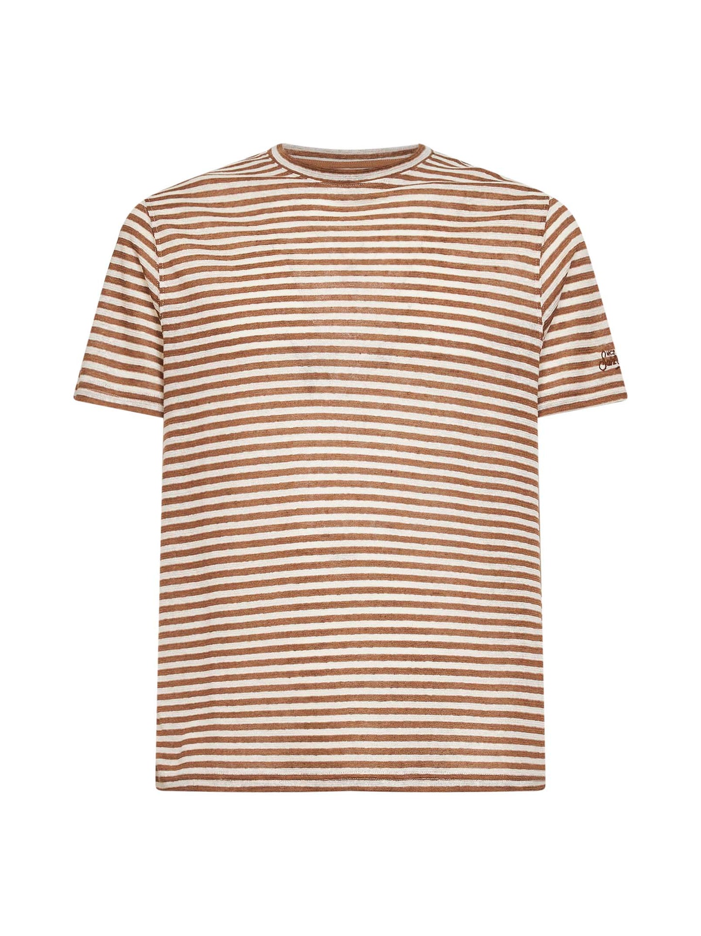 T-shirt Dover in misto lino a righe marrone e panna con ricamo logo