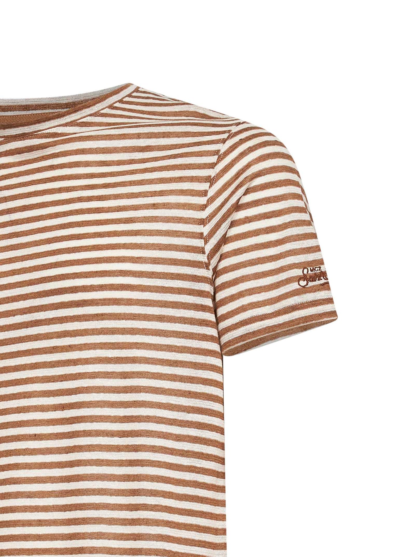 T-shirt Dover in misto lino a righe marrone e panna con ricamo logo