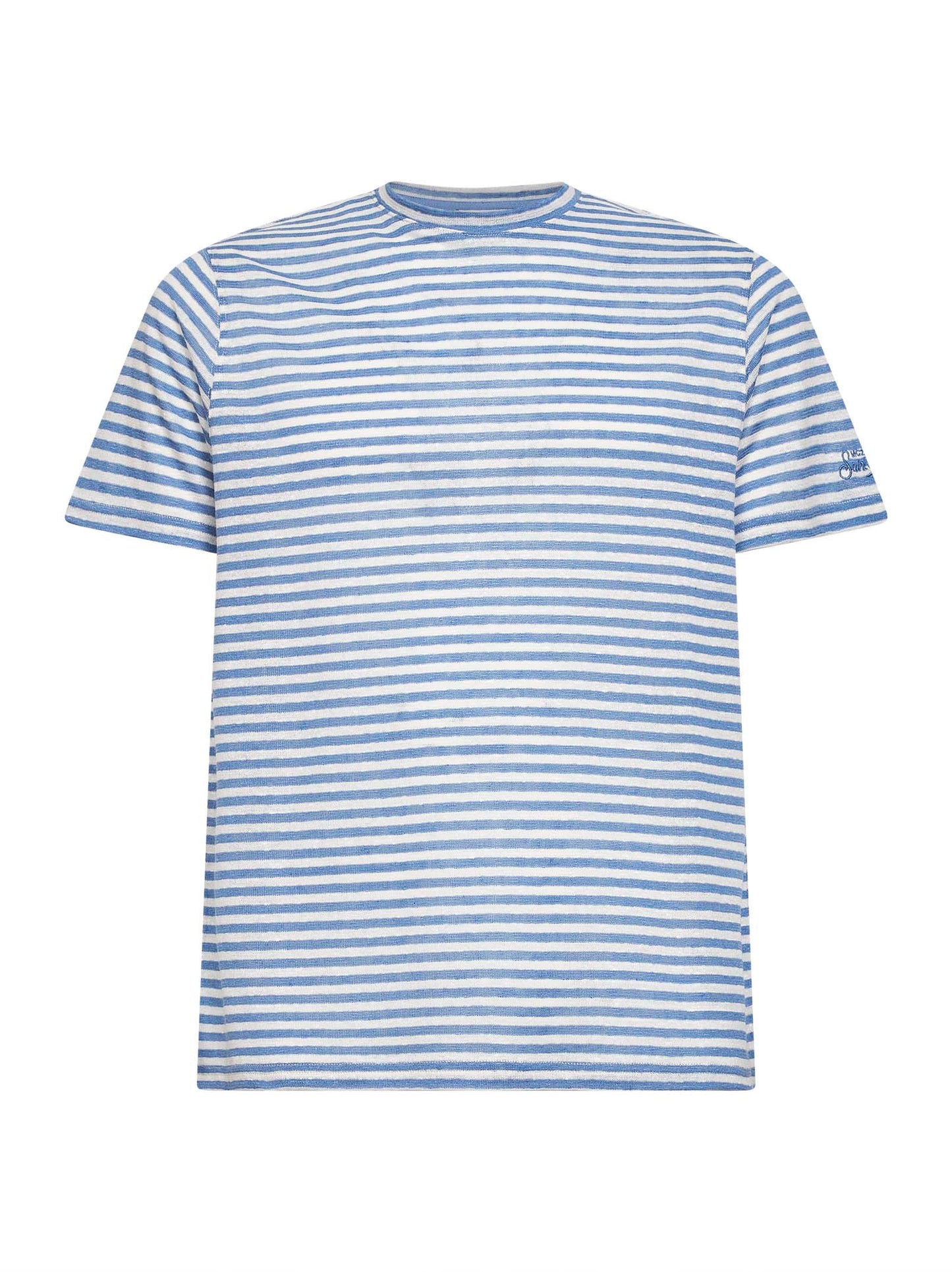 Light blue and cream striped linen blend logo embroidered Dover T-shirt