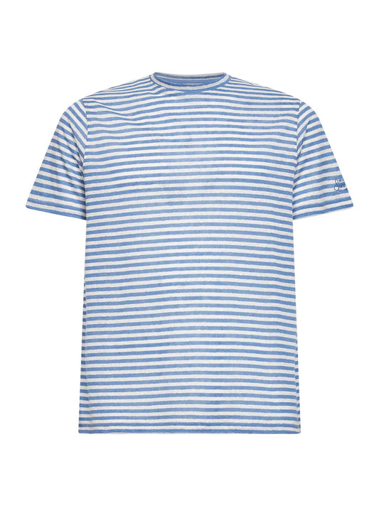Light blue and cream striped linen blend logo embroidered Dover T-shirt