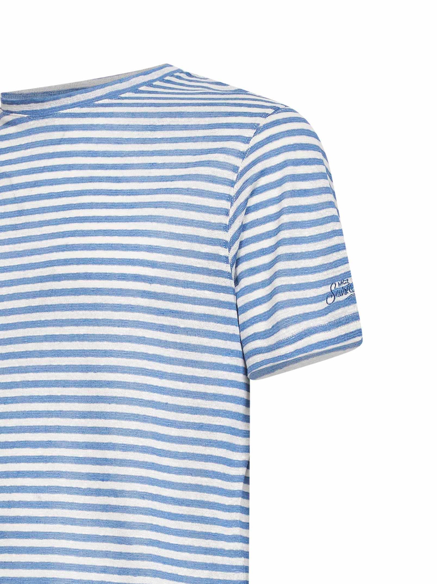 Light blue and cream striped linen blend logo embroidered Dover T-shirt