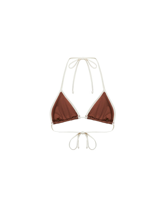 Brown lycra Leah String triangle bikini top with contrasting trim