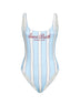 Costume intero Lora in lycra a righe azzurro e panna con stampa Beach Club