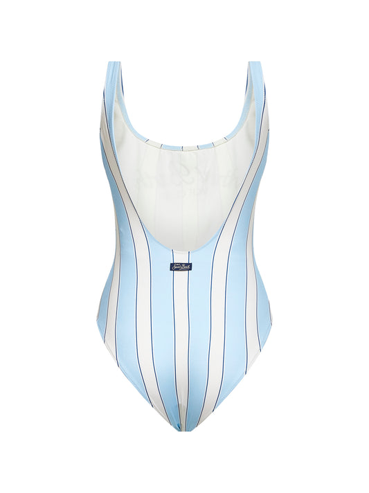 Light blue and cream striped lycra Lora one-piece swimsuit with Beach Club print