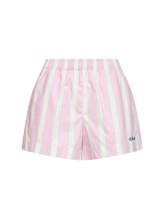 Shorts Meave in popeline a righe rosa e panna con ricamo