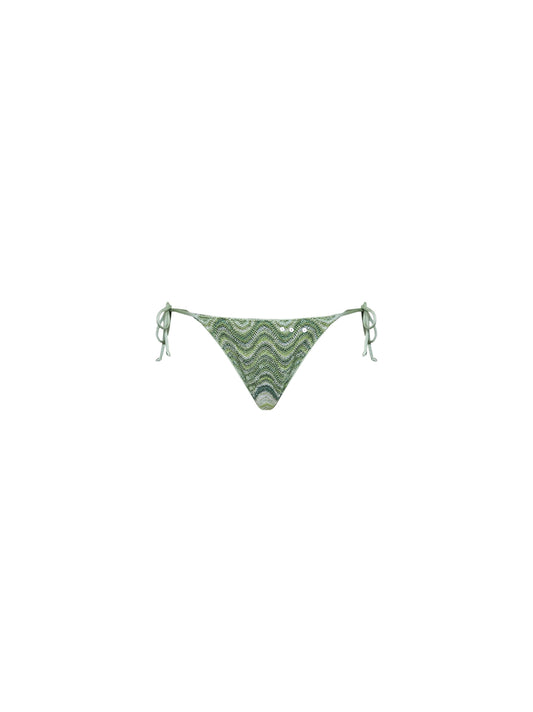 Slip bikini brasiliana Marielle in maglia rachel a onde con paillettes verde