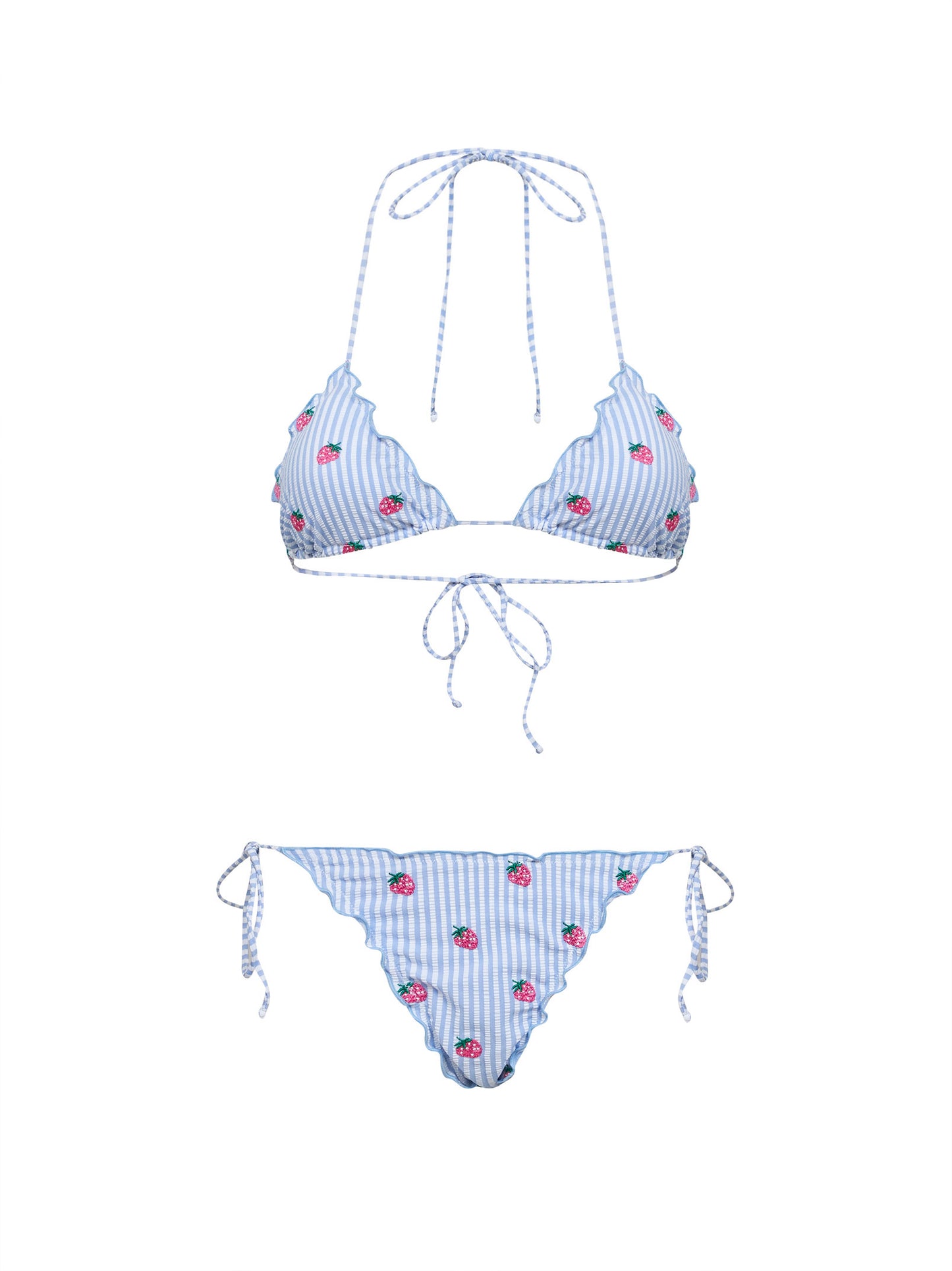 Light blue and white striped seersucker Sagitami triangle bikini with strawberry embroidery