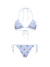 Light blue and white striped seersucker Sagitami triangle bikini with strawberry embroidery