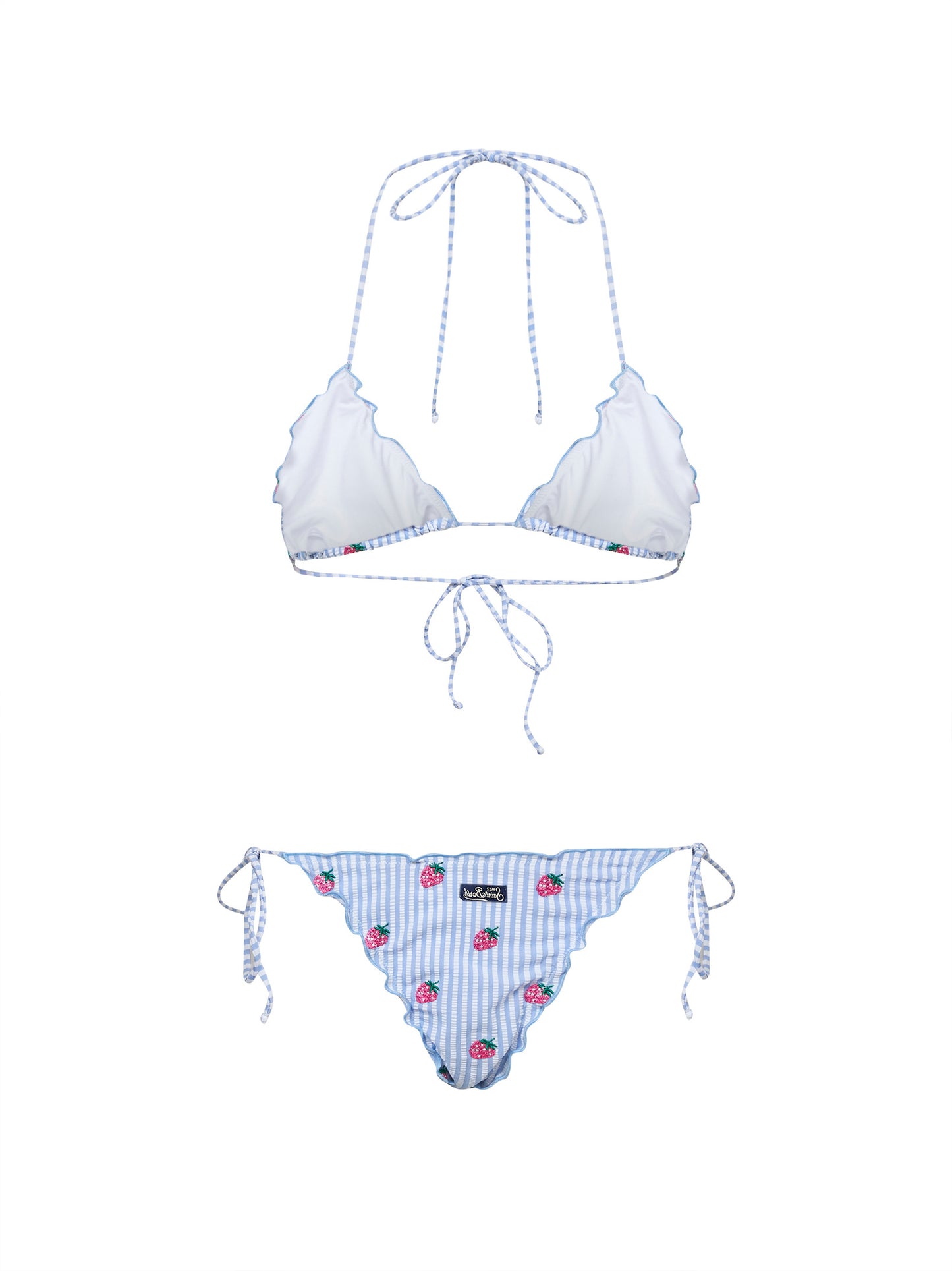 Light blue and white striped seersucker Sagitami triangle bikini with strawberry embroidery