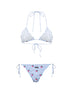 Light blue and white striped seersucker Sagitami triangle bikini with strawberry embroidery