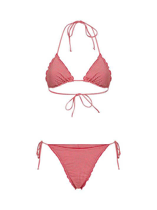 Red and white gingham lycra Sagitami triangle bikini