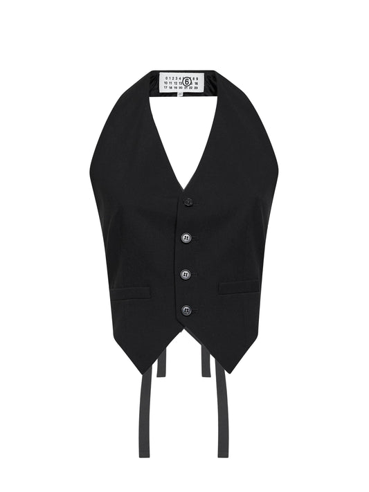 Black virgin wool blend waistcoat with ties