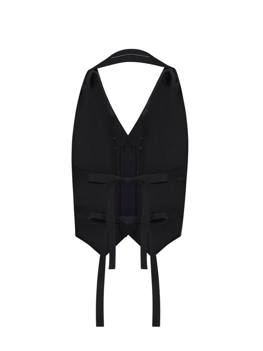 Black virgin wool blend waistcoat with ties