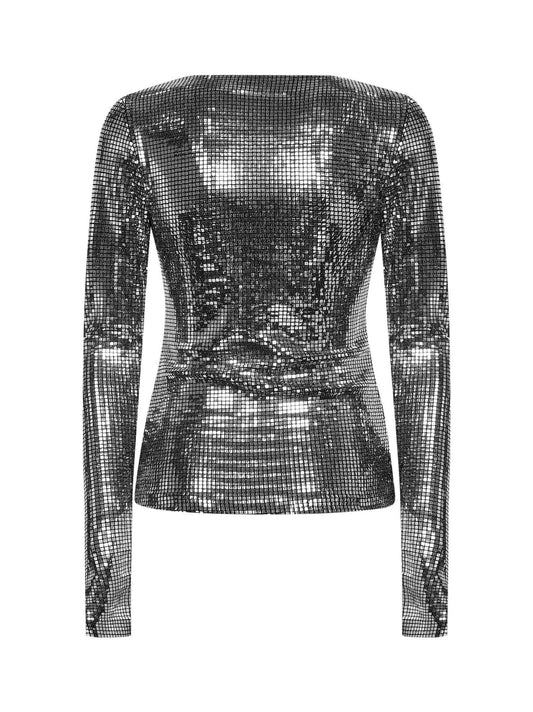 Maglia a maniche lunghe effetto metallico argento