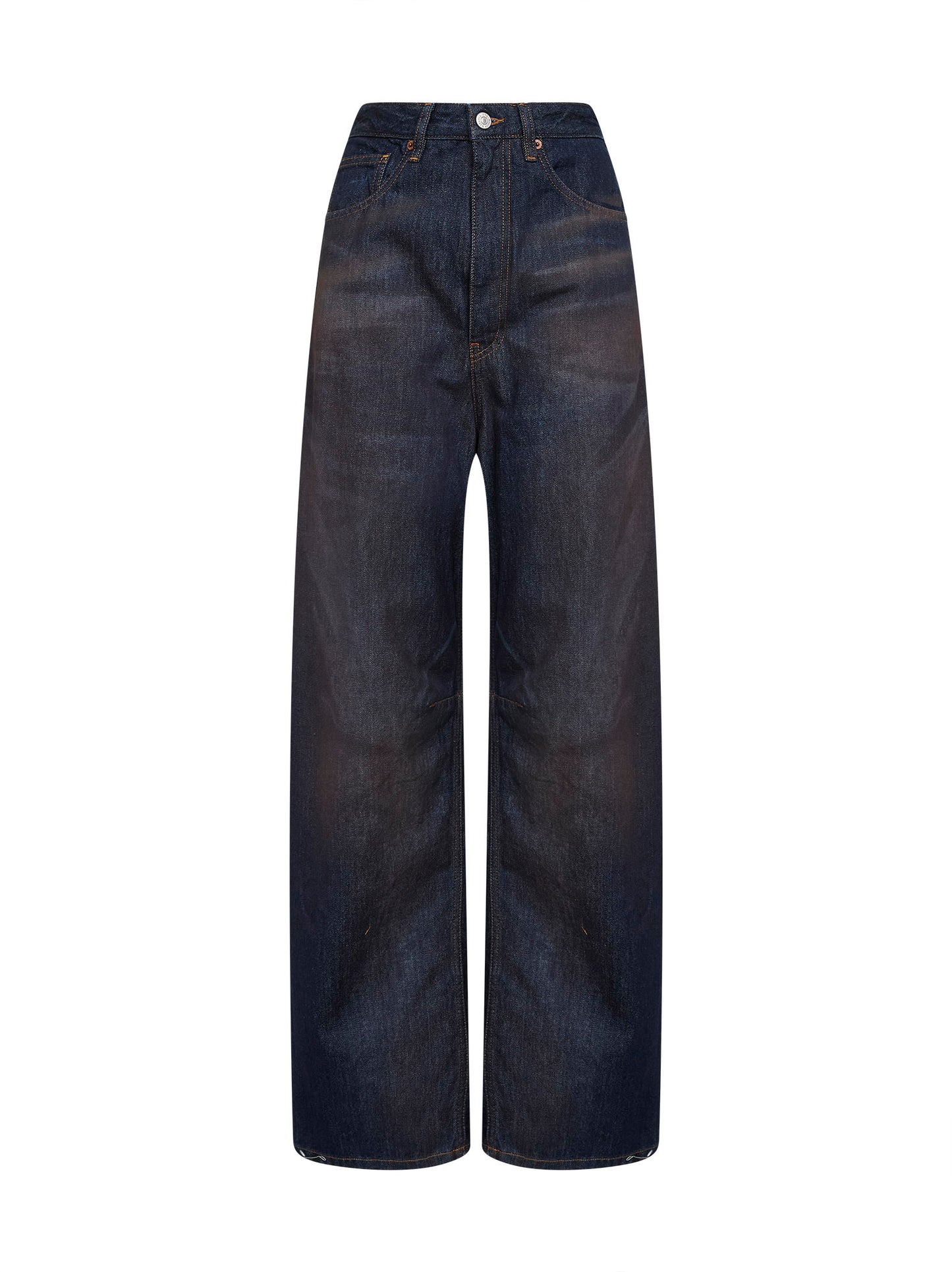 Jeans a gamba larga in denim di cotone lavato blu